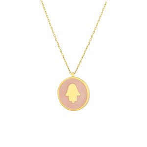  - PEMBE MİNELİ HAMSA MADALYON KOLYE