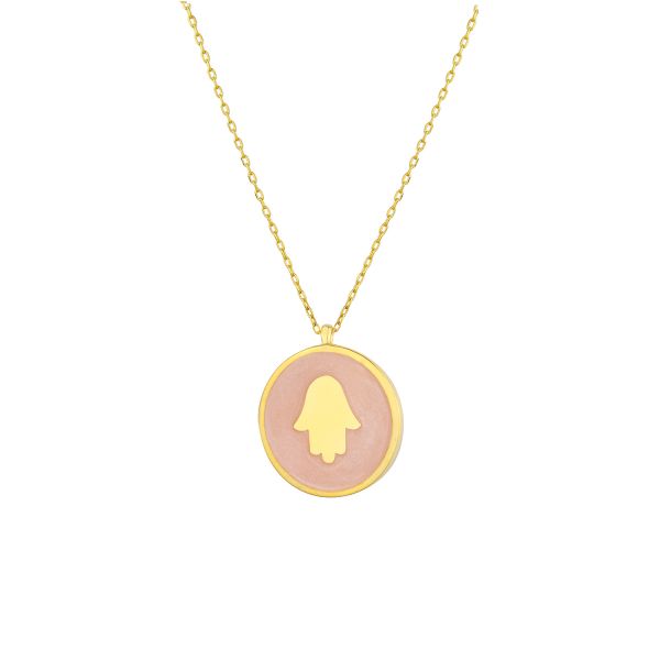 PEMBE MİNELİ HAMSA MADALYON KOLYE